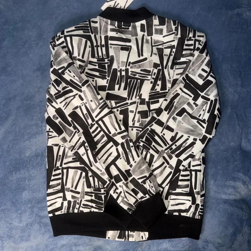Black and white abstract brushstroke print bomber jacket